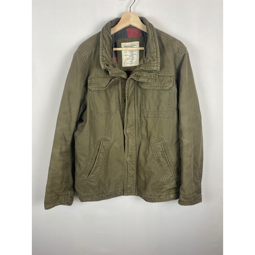 American Eagle Mens Olive Green Canvas Field Jacket Plaid Lined Military Large
